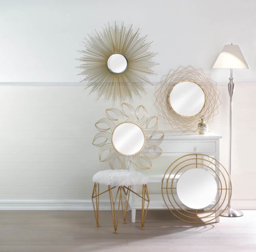 GOLDEN PETALS WALL MIRROR, GOLDEN RAYS MIRROR, GEO WHITE FAUX FUR STOOL, GOLDEN GEOMETRIC WALL MIRROR